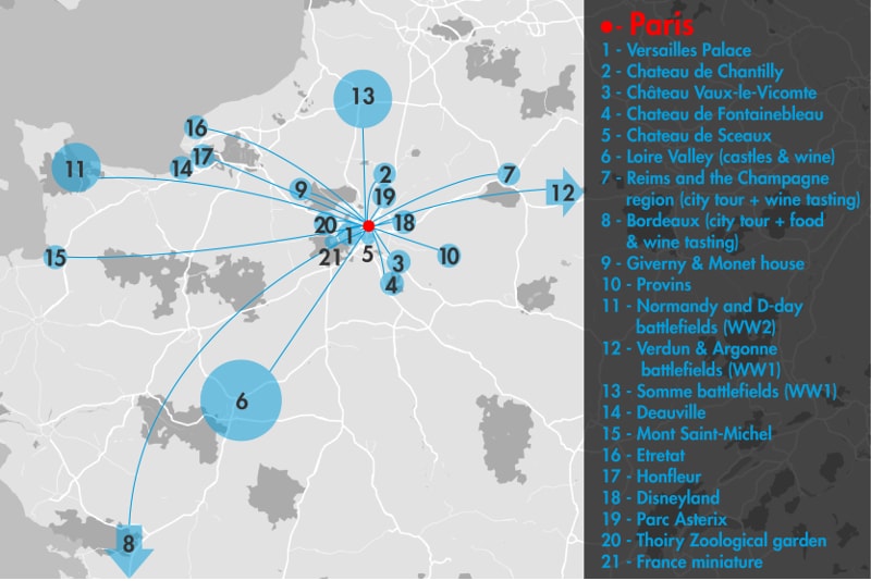 Excursions d'une journée depuis Paris - Carte