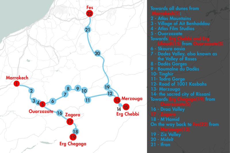 Mappa dei tour nel deserto di Marrakech - Escursione deserto di Marrakech