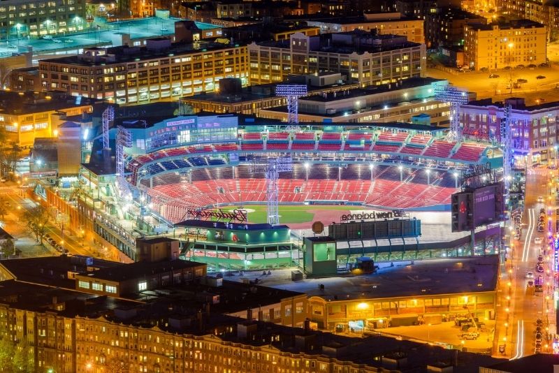 Aerial view of Boston, Massachusetts, with a focus on the city's fabled Fenway  Park baseball stadium, longtime home of the Boston Red Sox