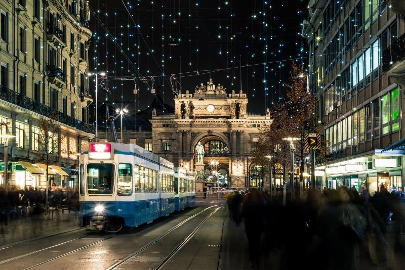 Bahnhofstrasse in Zurich, Switzerland, main downtown street in t Bath Towel  by Anneleven Store - Fine Art America