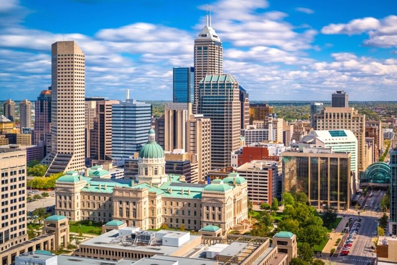 Aerial view of Indianapolis, Indiana, with a focus on Lucas Oil