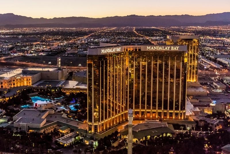 Aerial view of Las Vegas, Nevada, with a focus on Las Vegas Strip casinos,  including the Paris Las Vegas's half-scale replica of the Eiffel Tower -  digital file from original