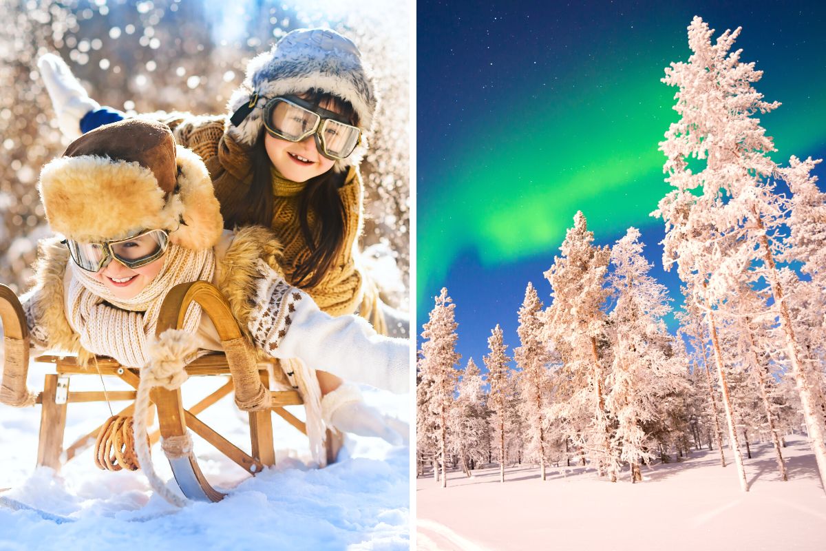 Trineo de madera en miniatura sobre la nieve blanca actividades al aire  libre de invierno fondo de invierno o navidad